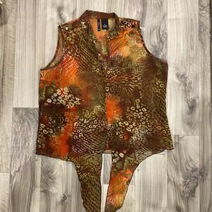 New Directions L Orange/Brown Multicolor Abstract Print Sleeveless Tie Front Top